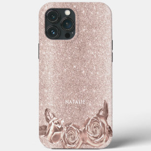 Modern Blush Rose Gold Glitter Luxury Floral iPhone 13 Pro Max Case