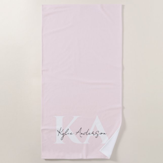 Modern Blush Rose Personalised Monogram Name -  Beach Towel (Front)