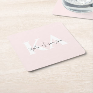 Modern Blush Rose Personalised Monogram Name -  Square Paper Coaster