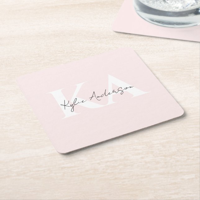 Modern Blush Rose Personalised Monogram Name -  Square Paper Coaster (Angled)