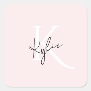 Modern Blush Rose Personalised Monogram Name - Square Sticker