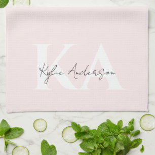 Modern Blush Rose Personalised Monogram Name -  Tea Towel