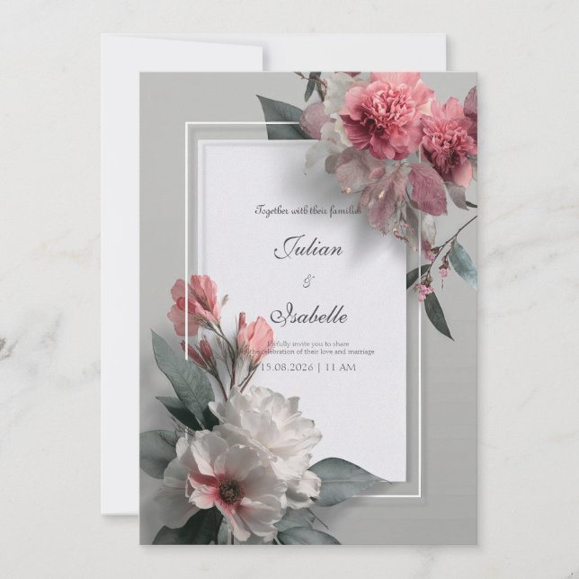 Modern Blush Rose White Frame Floral Wedding Invitation (Front)