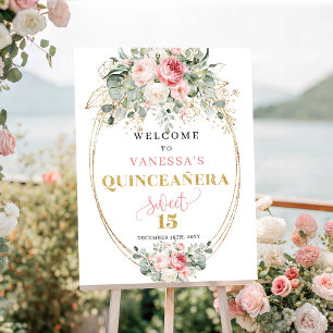 Modern Blush Roses Gold Quinceañera Welcome Poster