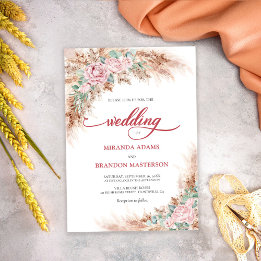 Modern Blush Roses Pampas Grass Floral Wedding Invitation