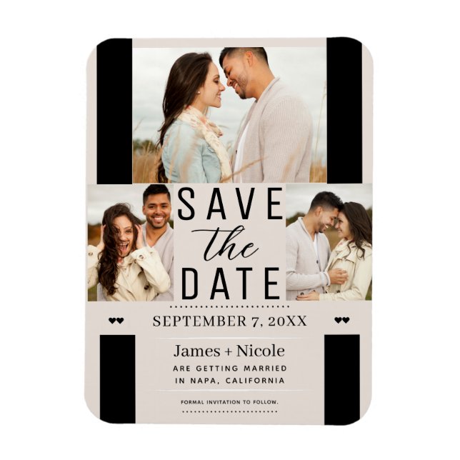 Modern Blush Tan Save the Date 3 Photo Wedding  Magnet (Vertical)