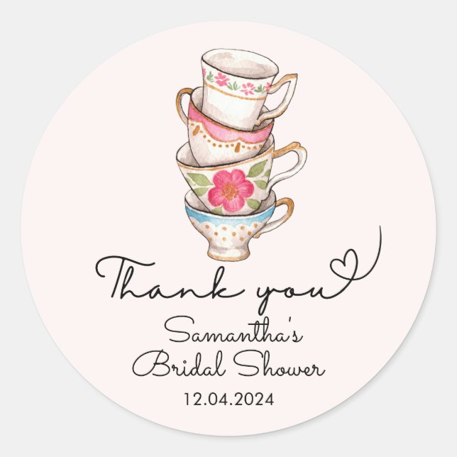 Modern Blush Tea Party Bridal Shower Thank You  Classic Round Sticker (Front)