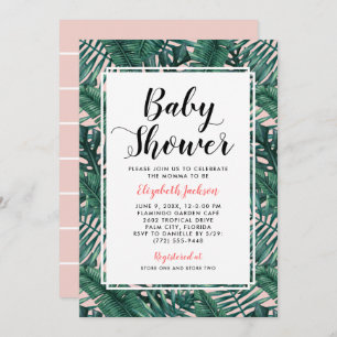 Modern Blush Tropical Palm Leaves Baby Girl Shower Invitation