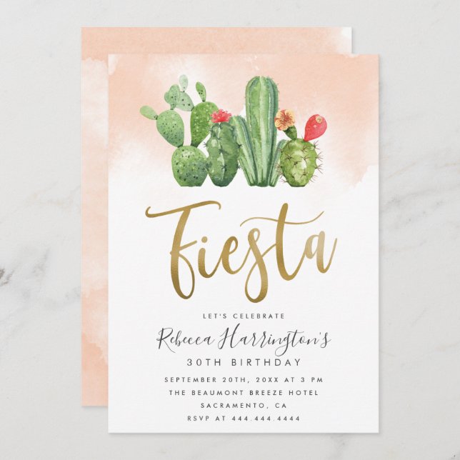 Modern Blush Watercolor & Cactus Fiesta Birthday Invitation (Front/Back)