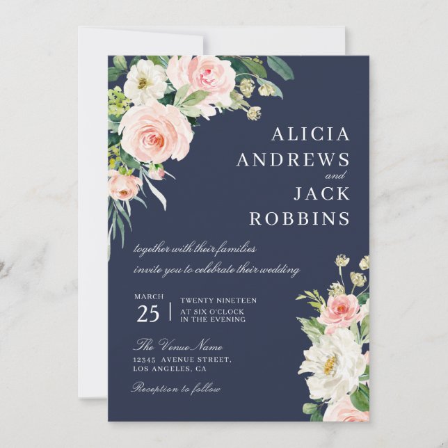 modern blush watercolor floral wedding invitation (Front)
