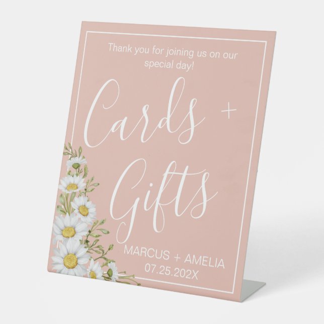 Modern Blush & White Daisies Wedding Cards & Gifts Pedestal Sign (Front)