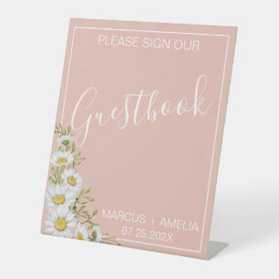 Modern  Blush & White Daisies Wedding Guestbook Pedestal Sign