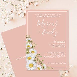 Modern Blush & White Daisies Wedding Invitation