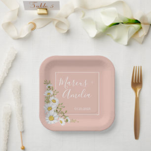 Modern  Blush & White Daisies Wedding  Paper Plate