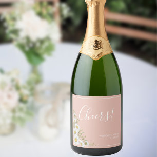 Modern Blush & White Daisies Wedding Sparkling Wine Label