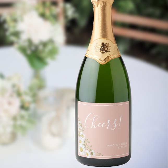 Modern  Blush & White Daisies Wedding  Sparkling Wine Label (Creator Uploaded)
