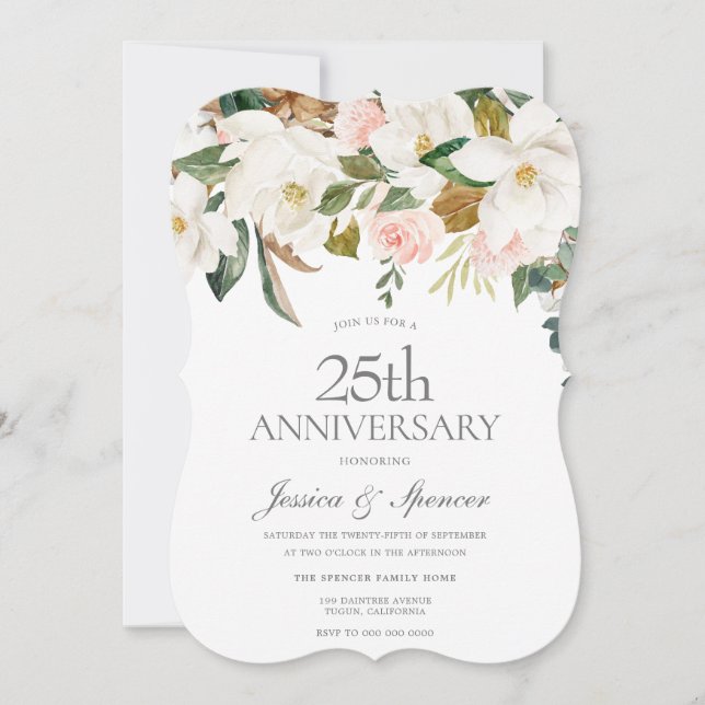 Modern Blush White Floral 25th Wedding Anniversary Invitation (Front)