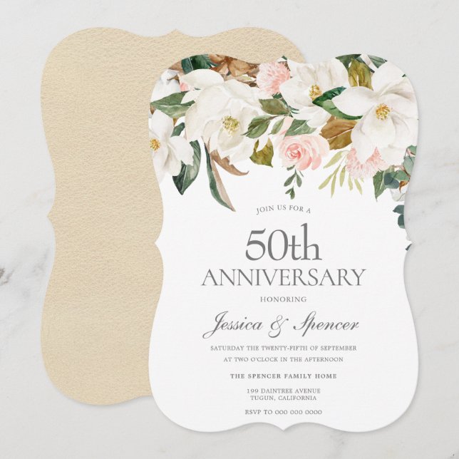 Modern Blush White Floral 50th Wedding Anniversary Invitation (Front/Back)