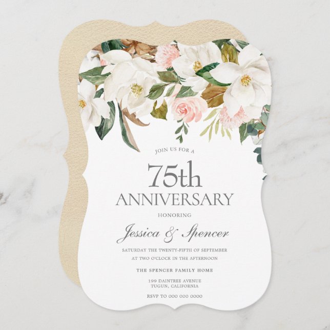 Modern Blush White Floral 75th Wedding Anniversary Invitation (Front/Back)