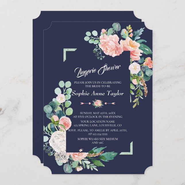 Modern Blush White Floral Frame Lingerie Shower Invitation (Front/Back)
