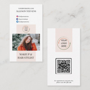 Modern Blush White Makeup Hair Photo QR Code Business Card