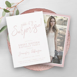 Modern Blush & White Photo Surprise Sweet 16 Invitation
