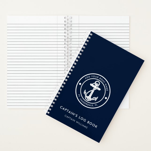 Modern Boat Anchor and Name Navy Blue Captains Log Notebook (Inside)