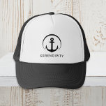 Modern Boat Anchor Monogram Black Trucker Hat<br><div class="desc">Modern nautical-themed black hat featuring an illustration of an anchor within a circle and your boat's name in simple typography.</div>