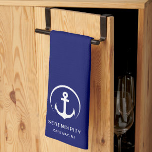 Modern Boat Anchor Monogram Navy Blue Tea Towel