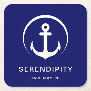 Modern Boat Monogram Navy Blue Square Paper Coaster