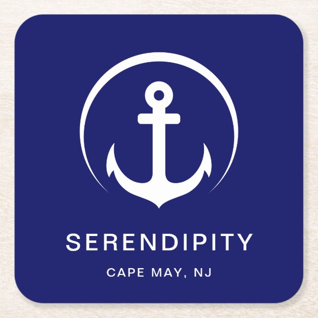 Modern Boat Monogram Navy Blue Square Paper Coaster (Front)