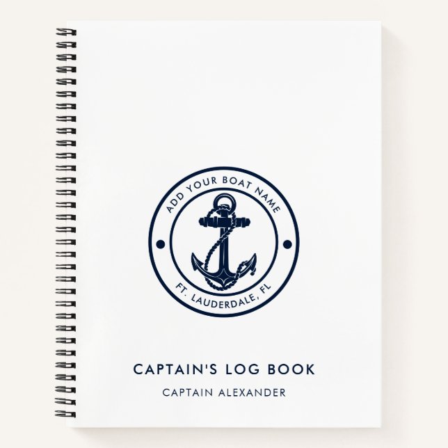 Modern Boat Name Navy Blue Anchor Captains Log Notebook (Front)