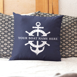 Modern Boat Name Ship’s Wheel Anchor Nautical Blue Cushion