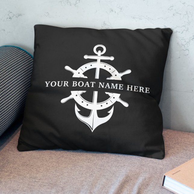 Modern Boat Name Ship’s Wheel Anchor Nautical  Cushion (Creator Uploaded)