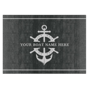 Modern Boat Name Ship’s Wheel Anchor Nautical Gray Cutting Board