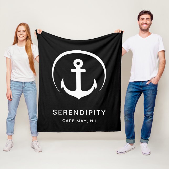 Modern Boat Nautical Anchor Black Fleece Blanket (In Situ)