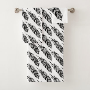 Modern Bohemian Black Tribal Feathers Bath Towel Set
