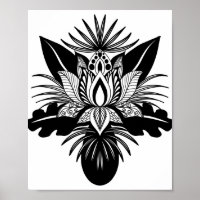 Modern Bohemian Black White Tropical Lotus Leaf