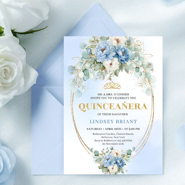 Modern Bohemian Blue Floral Quinceañera Digital  Invitation (Modern Bohemian Blue Floral Quinceañera Digital Invite)