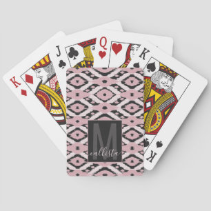 Modern Bohemian Blush Pink Black Ikat Monogram Playing Cards