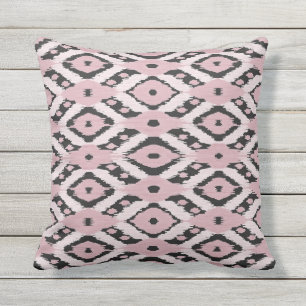 Modern Bohemian Blush Pink Black Ikat Pattern Cushion