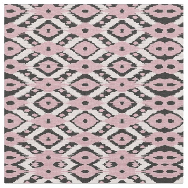 Modern Bohemian Blush Pink Black Ikat Pattern Fabric (Close Up)