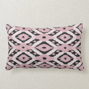 Modern Bohemian Blush Pink Black Ikat Pattern Lumbar Cushion