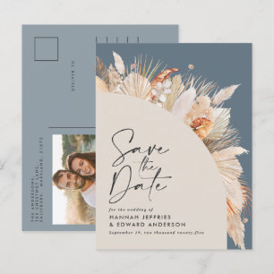 Modern bohemian dusty blue pampas grass photo ann announcement postcard