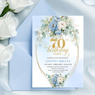 Modern Bohemian Dusty Blue Peonies 70th Birthday Invitation