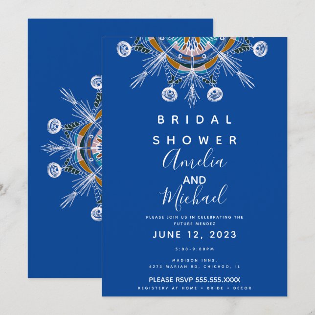 Modern Bohemian Mandala Blue Mustard Bridal Shower Invitation (Front/Back)