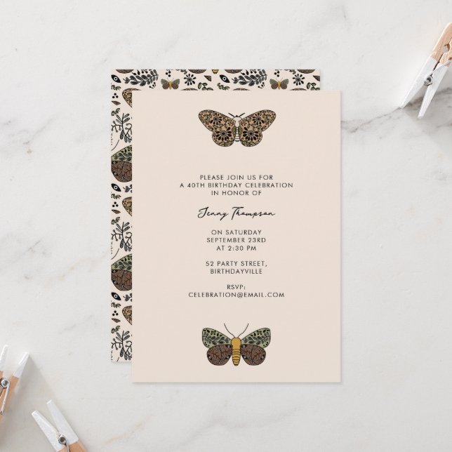 Modern Bohemian Moth Wildflowers Abstract Birthday Invitation (Front/Back In Situ)