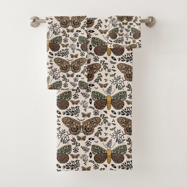 Modern Bohemian Moth Wildflowers Abstract Pattern Bath Towel Set (Insitu)