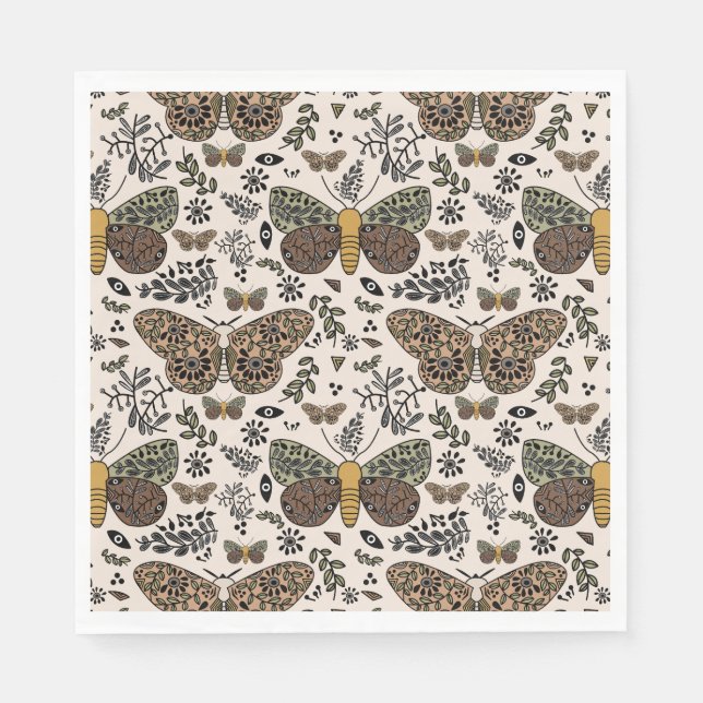 Modern Bohemian Moth Wildflowers Abstract Pattern Napkin (Front)