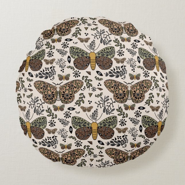 Modern Bohemian Moth Wildflowers Abstract Pattern Round Cushion (Front)